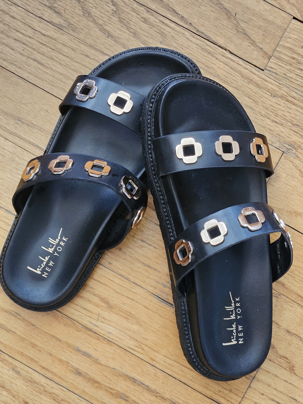 Nicole Miller Black Slide Sandals with Gold Accents - Picture 4 of 13